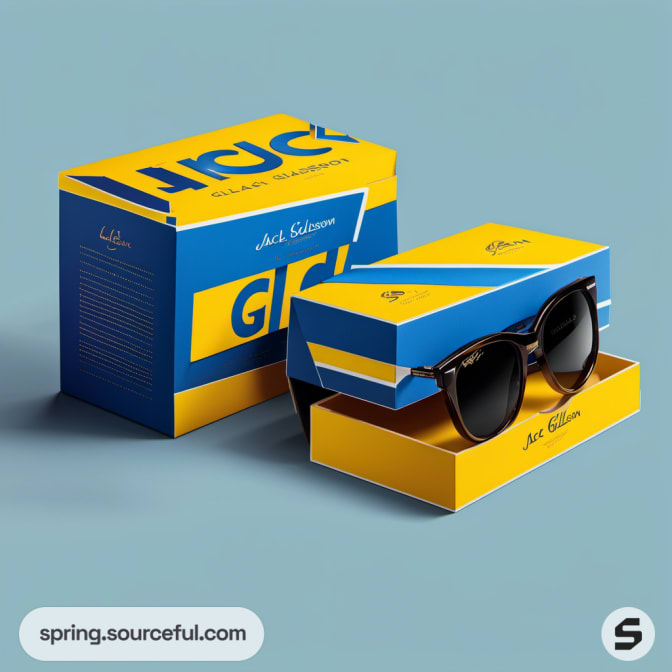 Sunglasses displayed with a blue and yellow open box on a light blue background.