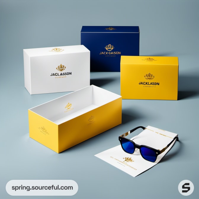 Sunglasses with separate white, navy, and yellow boxes on a soft blue background.