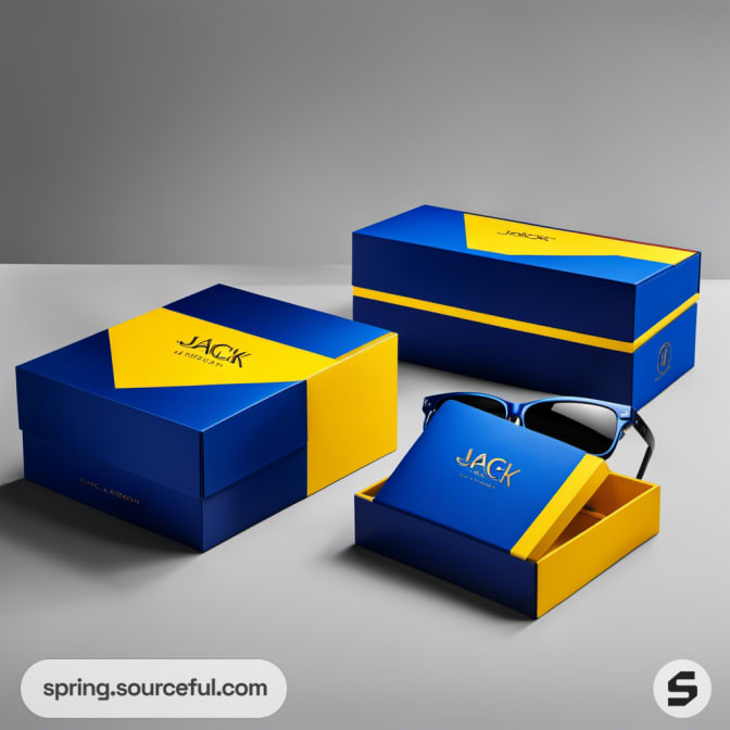 Sunglasses with blue and yellow boxes displayed on a grey background.