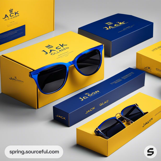 Multiple sunglasses with navy and yellow boxes arranged on a grey surface.