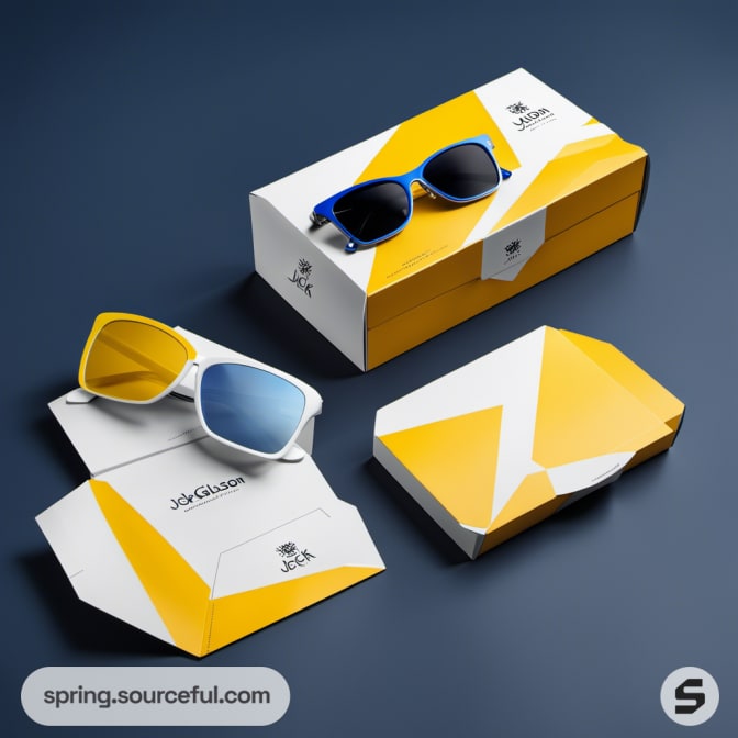 Two pairs of sunglasses with geometric yellow and white boxes on a dark surface.