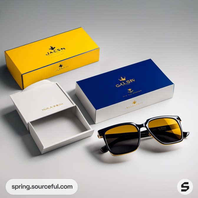 Sunglasses with yellow and navy boxes displayed on a grey background.