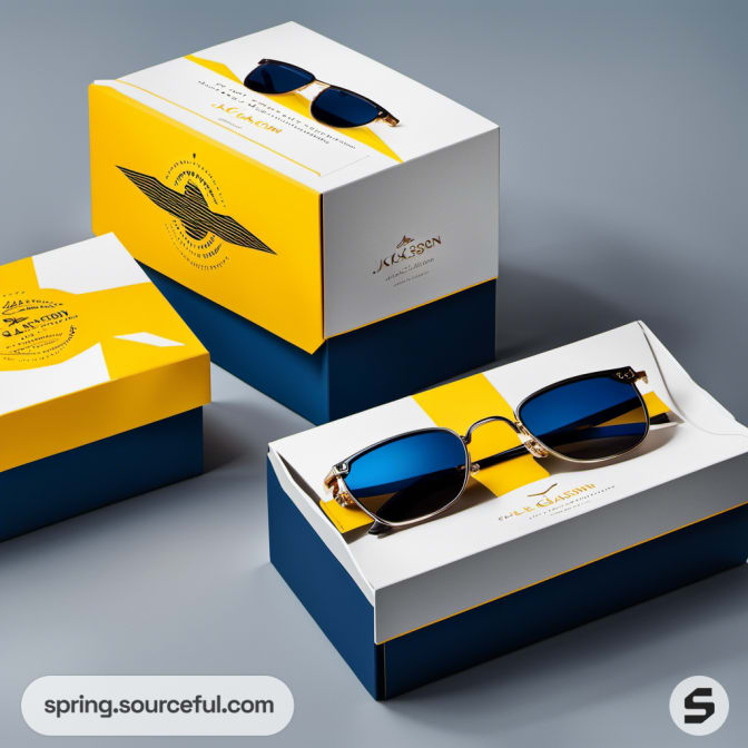 Blue-lensed sunglasses and folded boxes in white and blue with yellow accents.