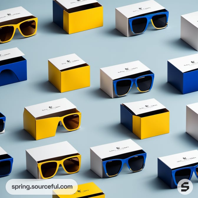 Sunglasses with alternating navy and yellow boxes arranged on a light blue surface.