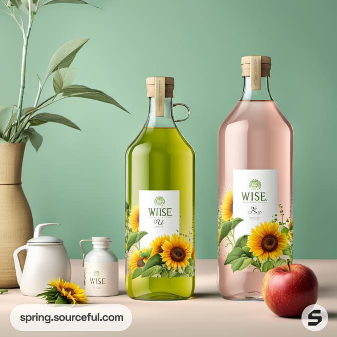 Glass bottles with sunflower and apple labels on a green background.