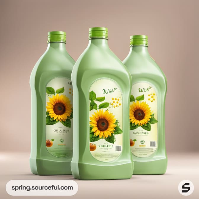 Three green plastic bottles featuring sunflower designs.