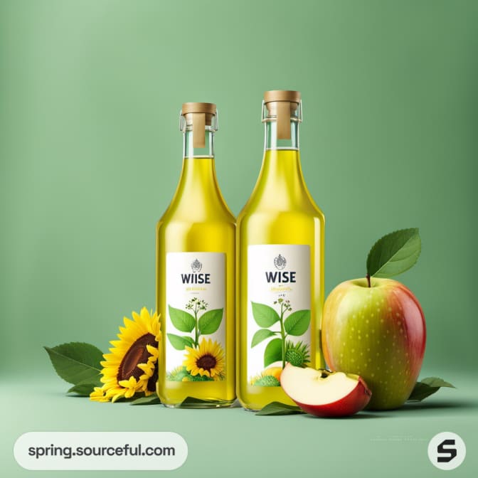 Two glass bottles with floral labels and an apple on a green background.