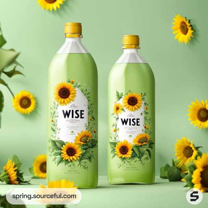 Two green bottles with sunflower designs against a floral background.