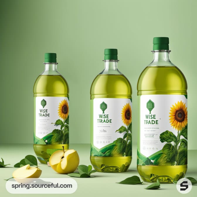 Three green bottles with sunflower labels and apples on a green background.