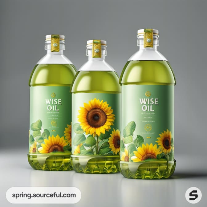 Three plastic bottles with sunflower designs on a grey background.