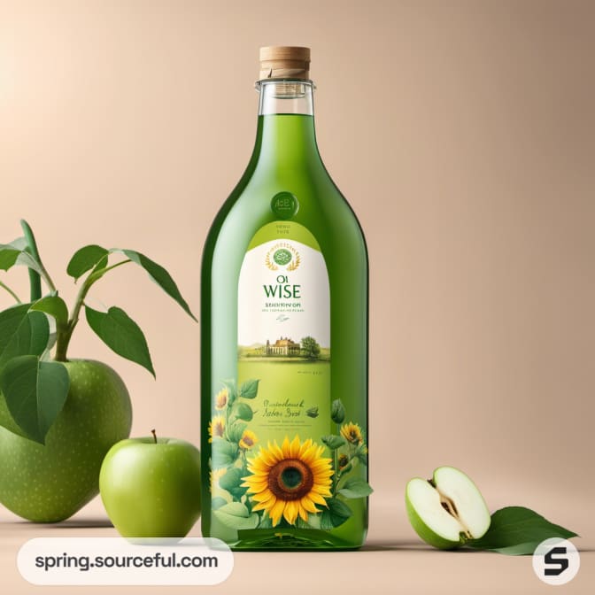 Green glass bottle with apple and sunflower designs on a beige background.