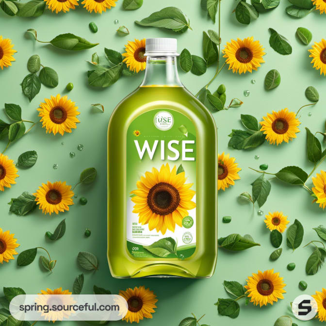 Large green bottle with sunflower and leaf designs on a green background.