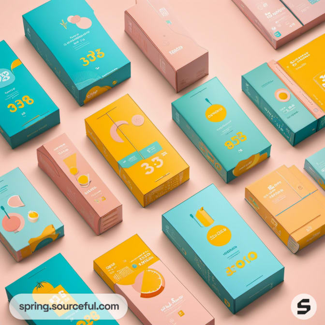 Boxes in pastel hues with minimalistic graphics
