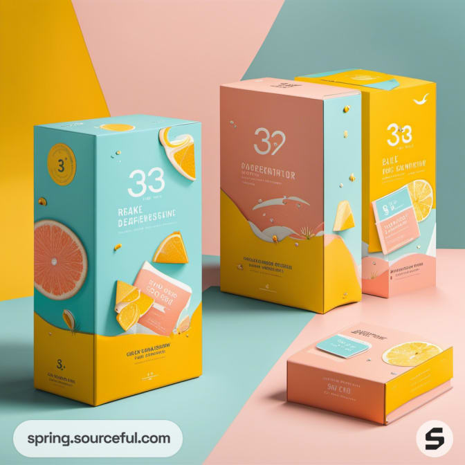 Tall pastel boxes with fruit designs on angled surfaces