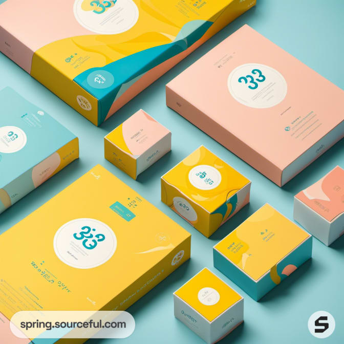 Close-up of pastel boxes with circular logos