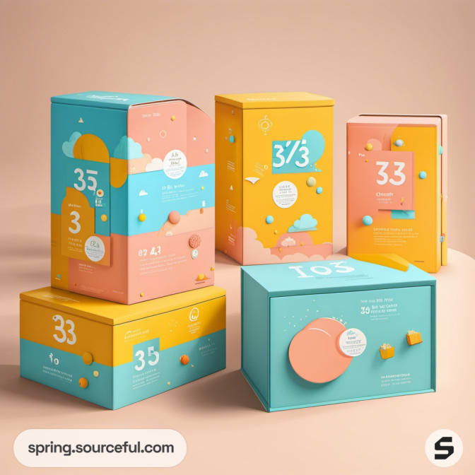 Stacked pastel boxes with playful geometric designs
