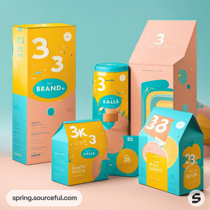 Assorted product packaging with bold numbers and designs