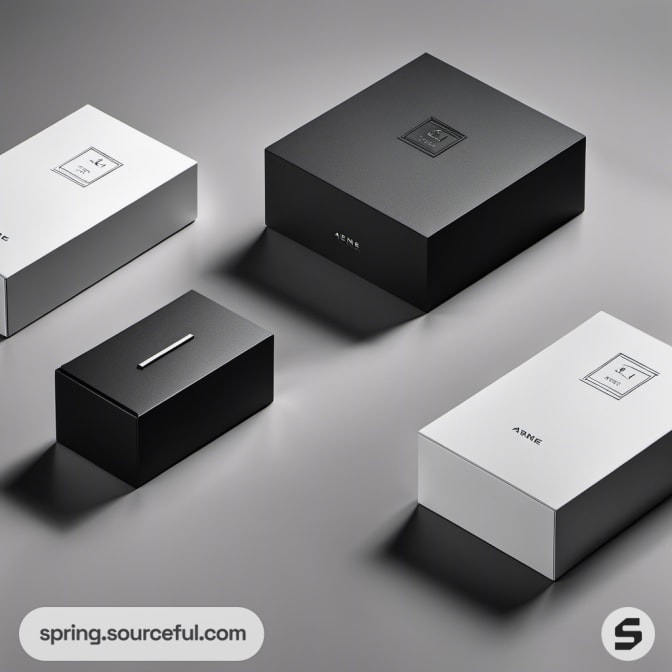 Monochrome boxes with minimalist design on gray background.