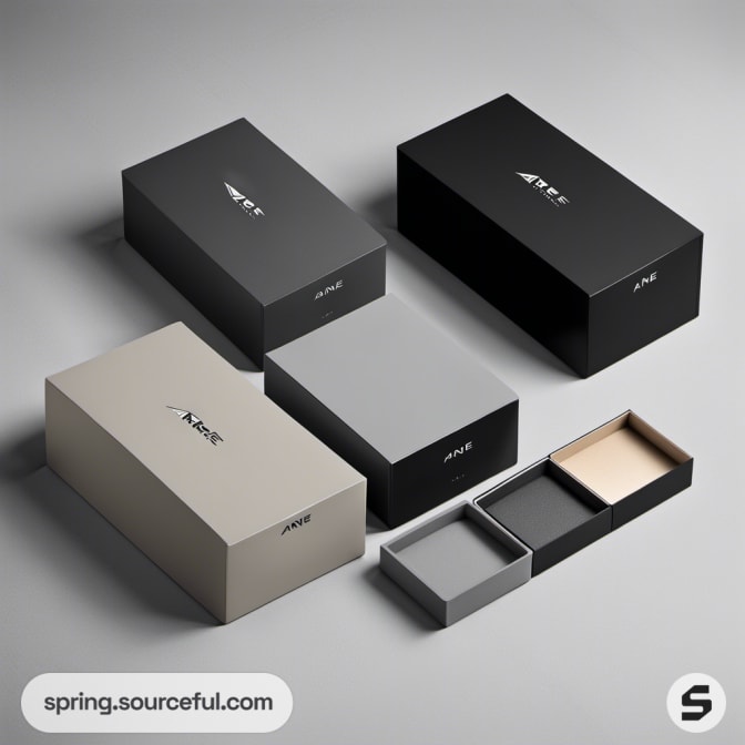 Collection of stacked rectangular boxes in neutral tones.