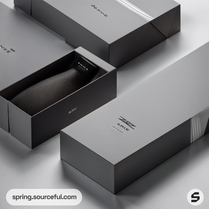 Black water bottle in sleek gray box packaging.