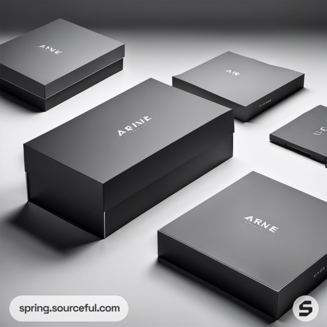 Assorted black boxes with minimalist text on a flat surface.