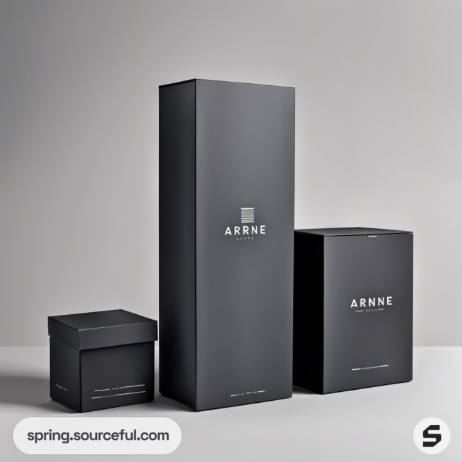 Tall and short gray boxes with elegant branding text.