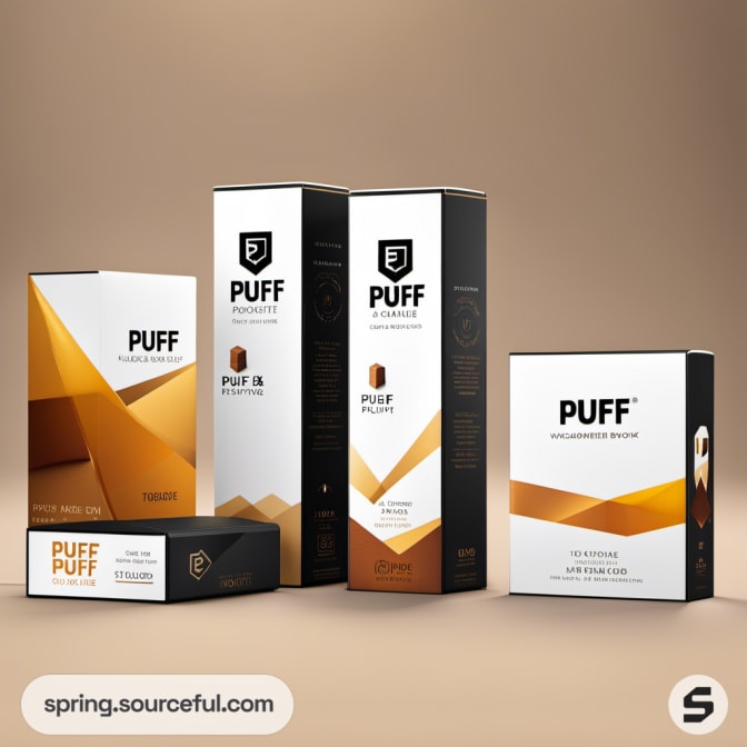 Five boxes of PUFF products with geometric designs and gold accents.