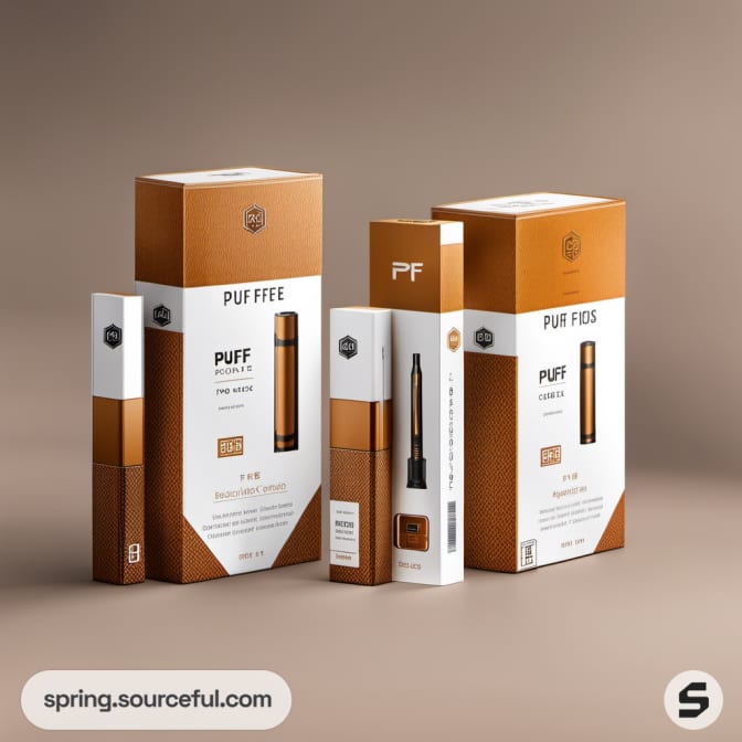 Brown and white packaging for PUFF items, sleek and modern design.