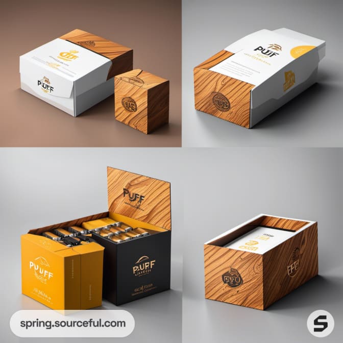 Wood-grain styled boxes with PUFF branding, top-view open and closed.