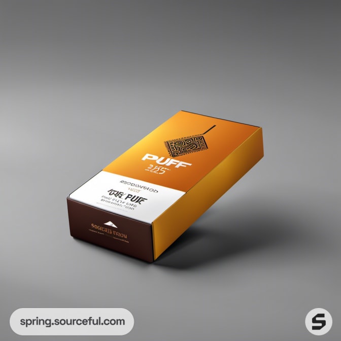 Rectangular PUFF package with orange and gold color scheme.