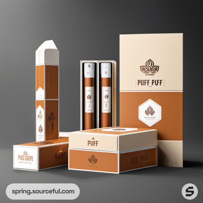 Various PUFF packages in earth tones, sleek and geometric.