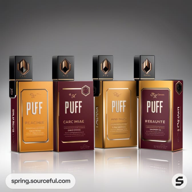 Three luxe PUFF packages with dark elegant colors and gold accents.