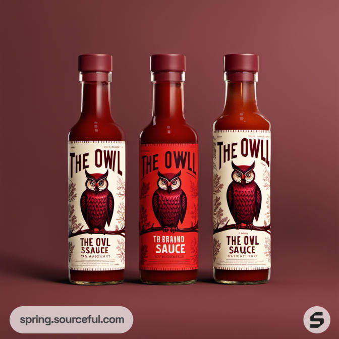 Three bottles of owl-themed sauce on dark red background.