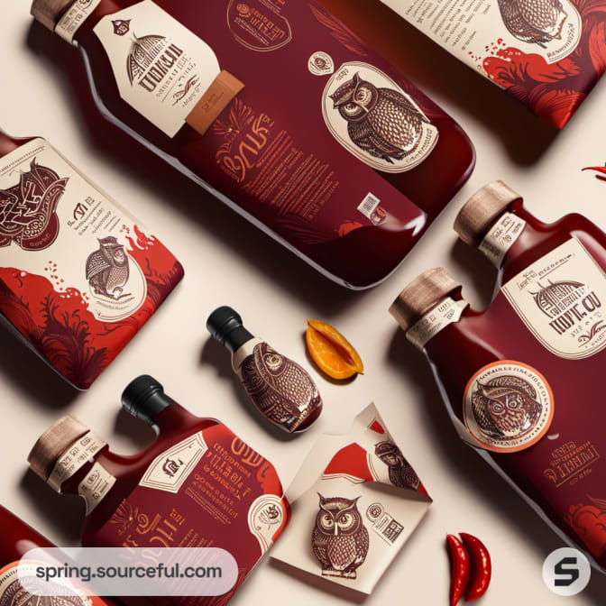 Assorted owl-themed sauce bottles and packaging on beige surface.