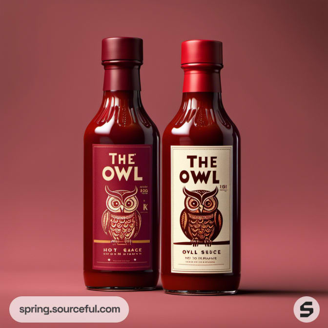 Two bottles of owl-themed sauce on red background.