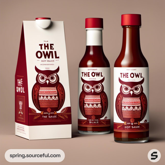 Owl-themed sauce bottles and box with detailed illustration.