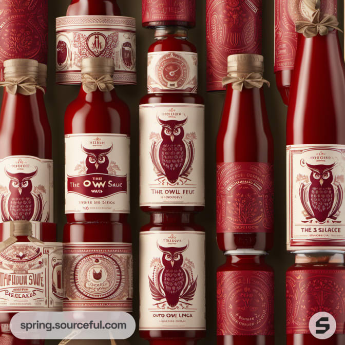 Various owl-themed sauce bottles with vintage-style labels.