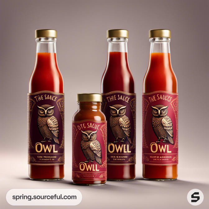 Four owl-themed sauce bottles with dark labels.