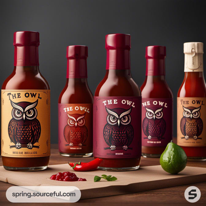 Five bottles of owl-themed sauce with different designs.