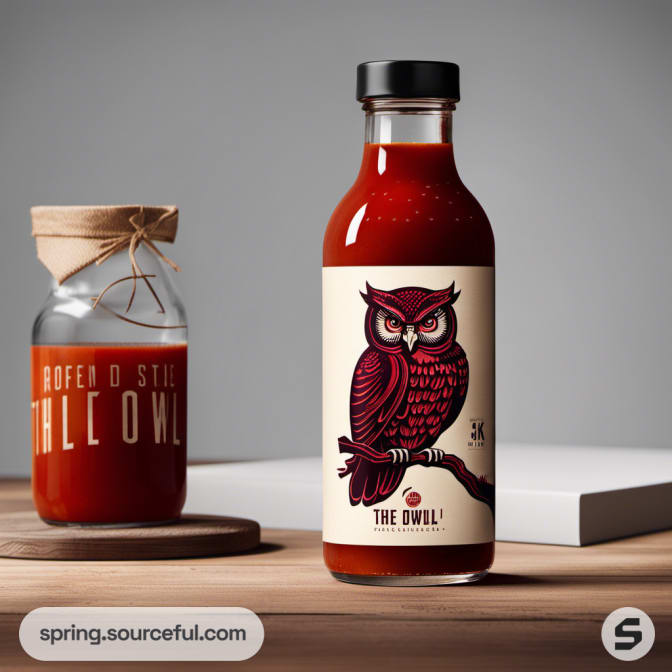 Owl-themed sauce bottle with a wooden-capped jar.