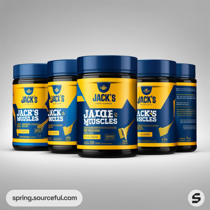 Blue and yellow jars with muscle supplement branding on a gray background.