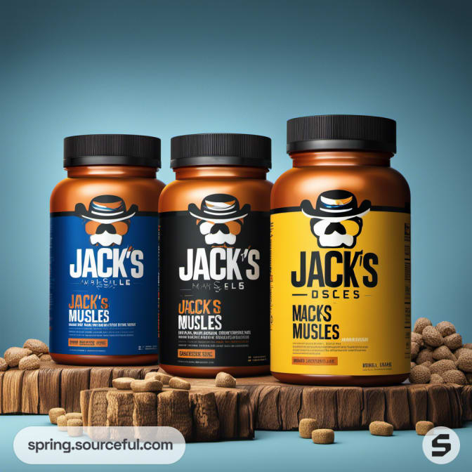 Three jars of muscle supplements with a brown and blue color scheme, surrounded by wooden blocks.