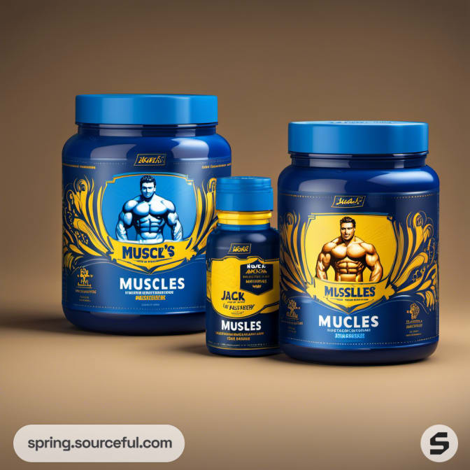 Blue jars with muscle supplement branding featuring muscular illustrations on a brown background.