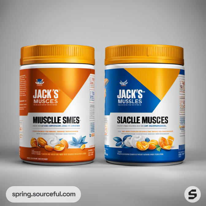 Two jars of muscle supplements with orange and blue label designs on a gray background.