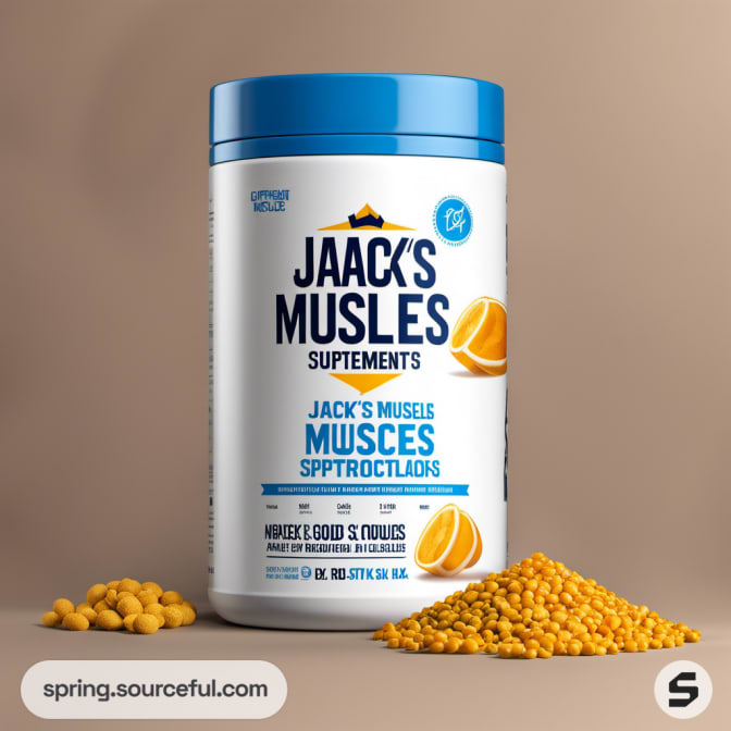 White and blue container of muscle supplements with orange illustrations on a beige background.