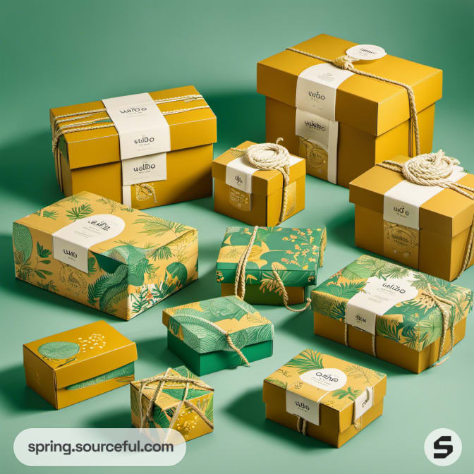 Assorted yellow and green gift boxes with plant motifs and rope ties on a green backdrop.