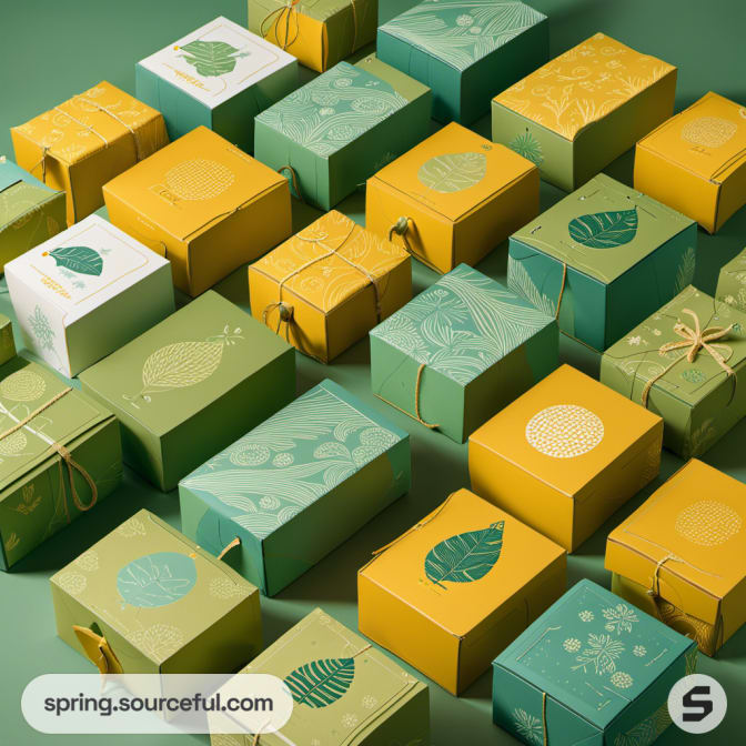 Mix of green and yellow packaging boxes with leaf designs and natural textures.