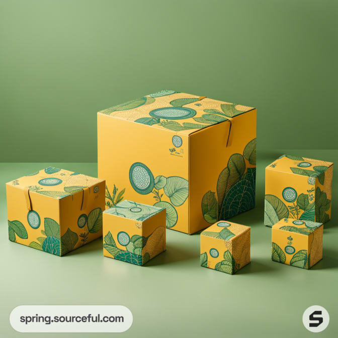 Yellow and green recyclable boxes with organic plant graphics on a green surface.