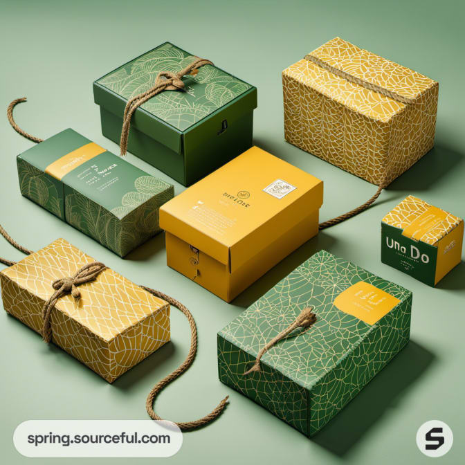 Elegant green and yellow cardboard boxes with textured leaf patterns and twine.