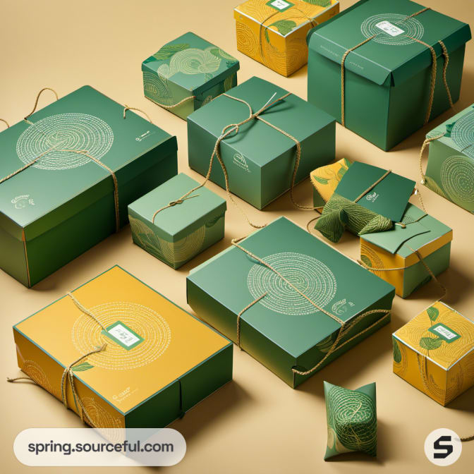 Diverse range of green and yellow packages with leaf motifs and neat string ties.